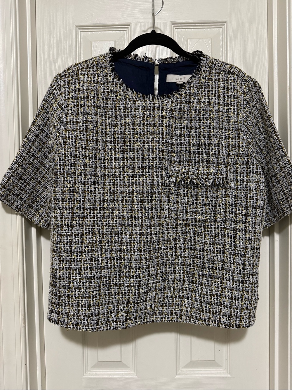 LOFT Navy, White & Gold Tweed Short Sleeve Boxy Top